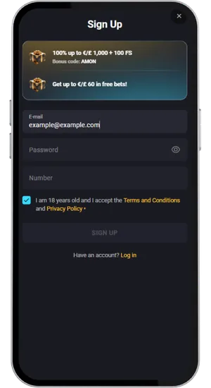 Casino sign-up form with email and SMS verification fields followed by a GBP deposit screen showing available payment methods
