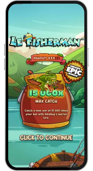Casino search bar with Le Fisherman typed in and the Hacksaw Gaming slot appearing as the top result in the game library