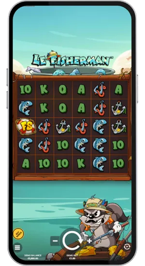 Le Fisherman base game with a full 6x5 cluster grid showing card symbols, anchors, fish and the FS scatter