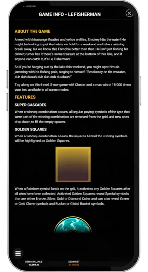 Le Fisherman game info panel explaining Super Cascades and Golden Squares mechanics with feature descriptions