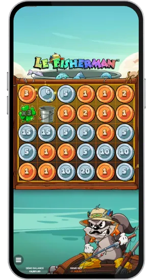 Le Fisherman On Thin Ice free spins bonus with coin value symbols, a clover multiplier and a bucket on the grid