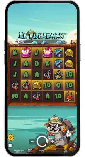 Le Fisherman reels with two Wild shell symbols landed and Golden Squares lighting up behind winning positions